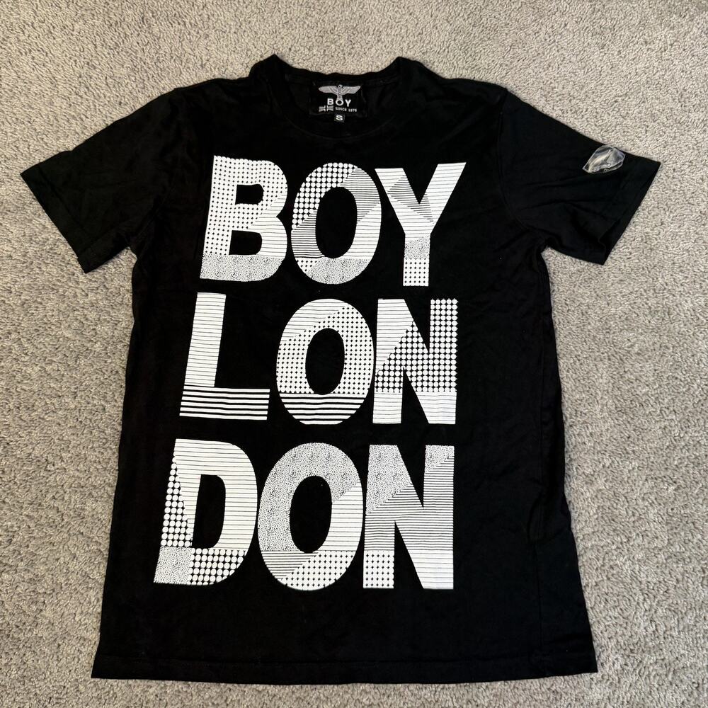 BOY LONDON Shirt Mens S Black Large Stacked Graphic Crew Neck Cotton Logo